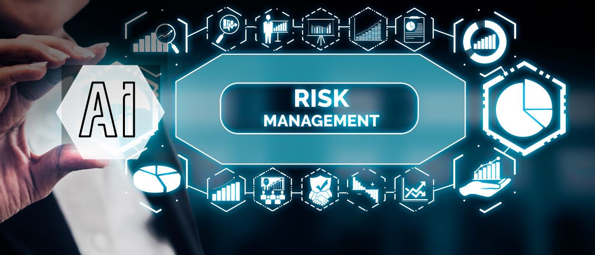 A series of icons arranged surrounding the text 'Risk management' and a hand holds a card with 'AI' written