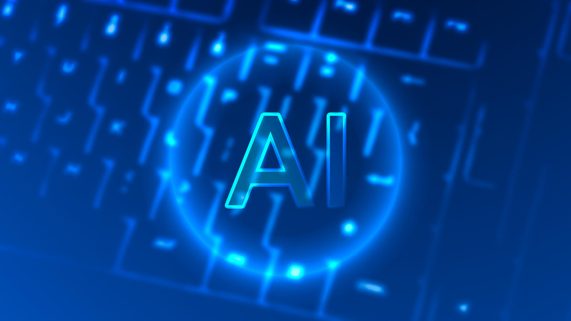 a neon blue digital background with circuit-like patterns and the letters AI prominently displayed in the center