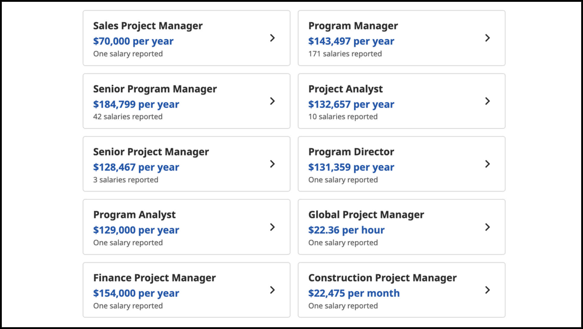 glassdoor website screenshot showing projectr manager salaries at google based on job titles
