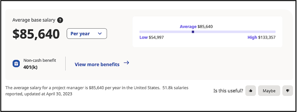 indeed website screenshot showing average salary of google project manager is $85,640